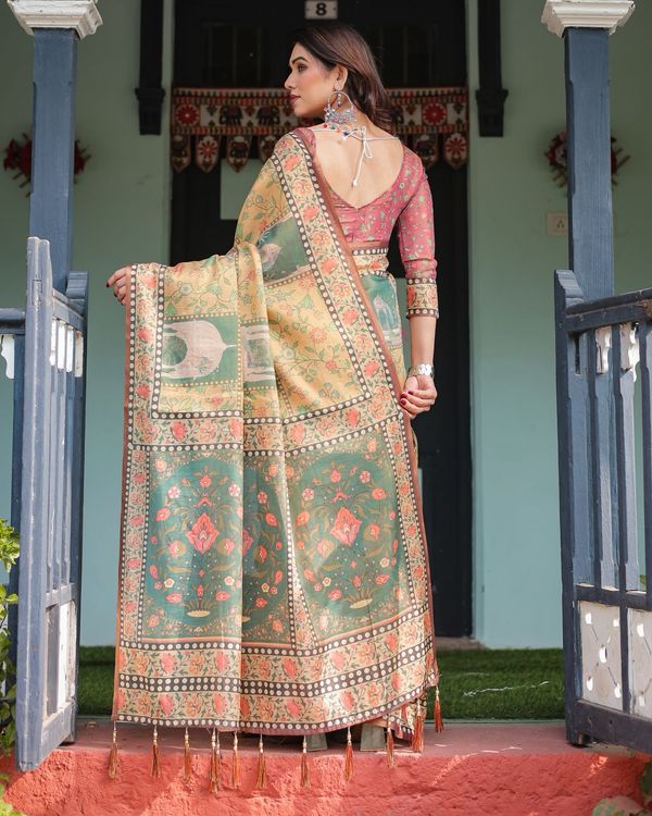 Mustard Olive Handloom Floral Heritage Saree with Pallu