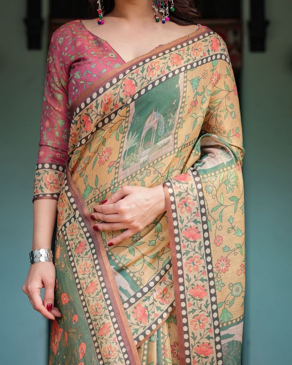 Mustard Olive Handloom Floral Heritage Saree with Pallu