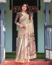 Royal Varnavi Olive Bloom Handloom Saree - 