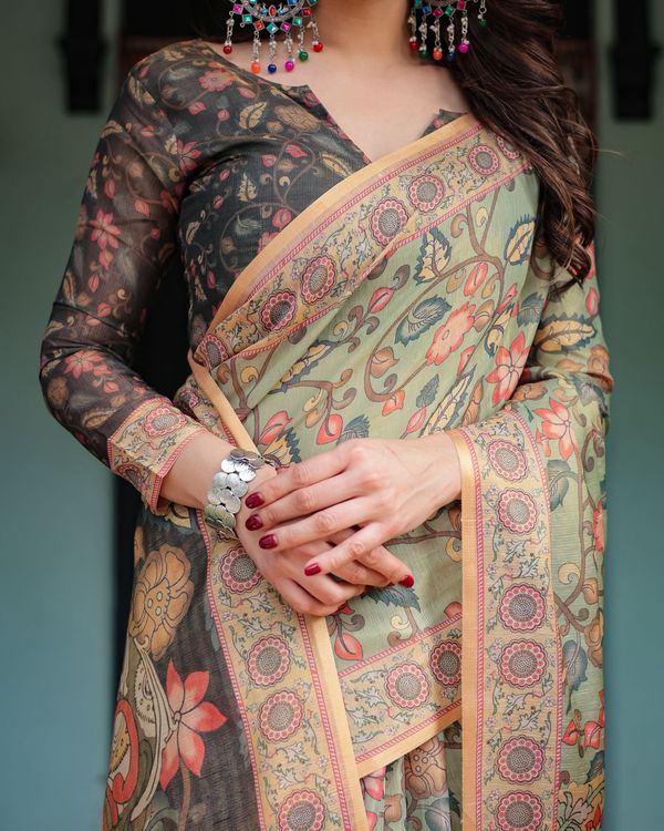 Royal Varnavi Olive Bloom Handloom Saree
