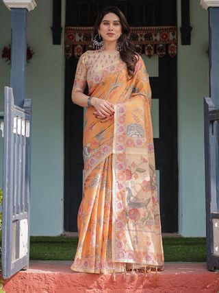 Marigold Handloom Floral Bird Print Saree with Tassel Pallu