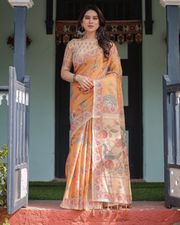 Marigold Handloom Floral Bird Print Saree with Tassel Pallu - 