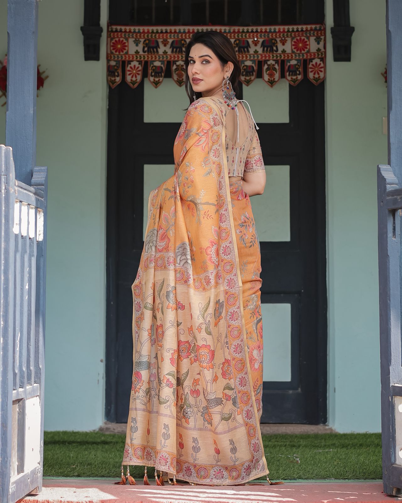 Marigold Handloom Floral Bird Print Saree with Tassel Pallu