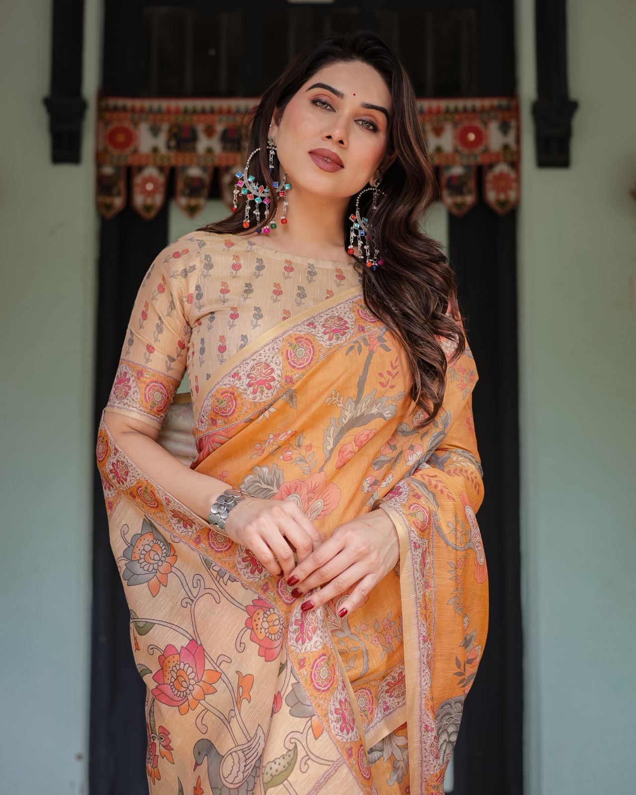 Marigold Handloom Floral Bird Print Saree with Tassel Pallu