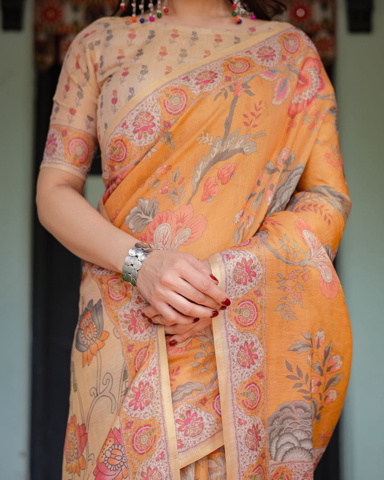 Marigold Handloom Floral Bird Print Saree with Tassel Pallu