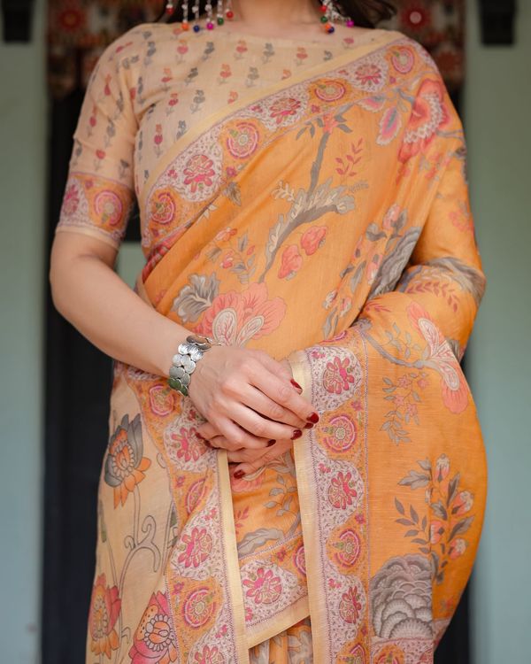 Marigold Handloom Floral Bird Print Saree with Tassel Pallu