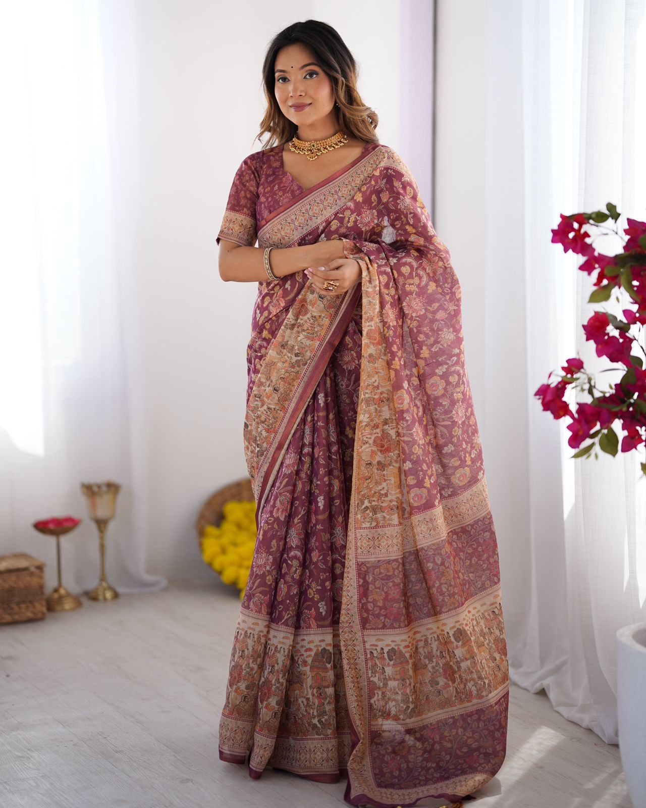 Premium Wine Maroon Floral Handloom Saree with Designer Pallu
