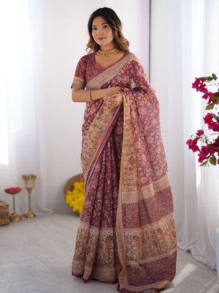 Premium Wine Maroon Floral Handloom Saree with Designer Pallu