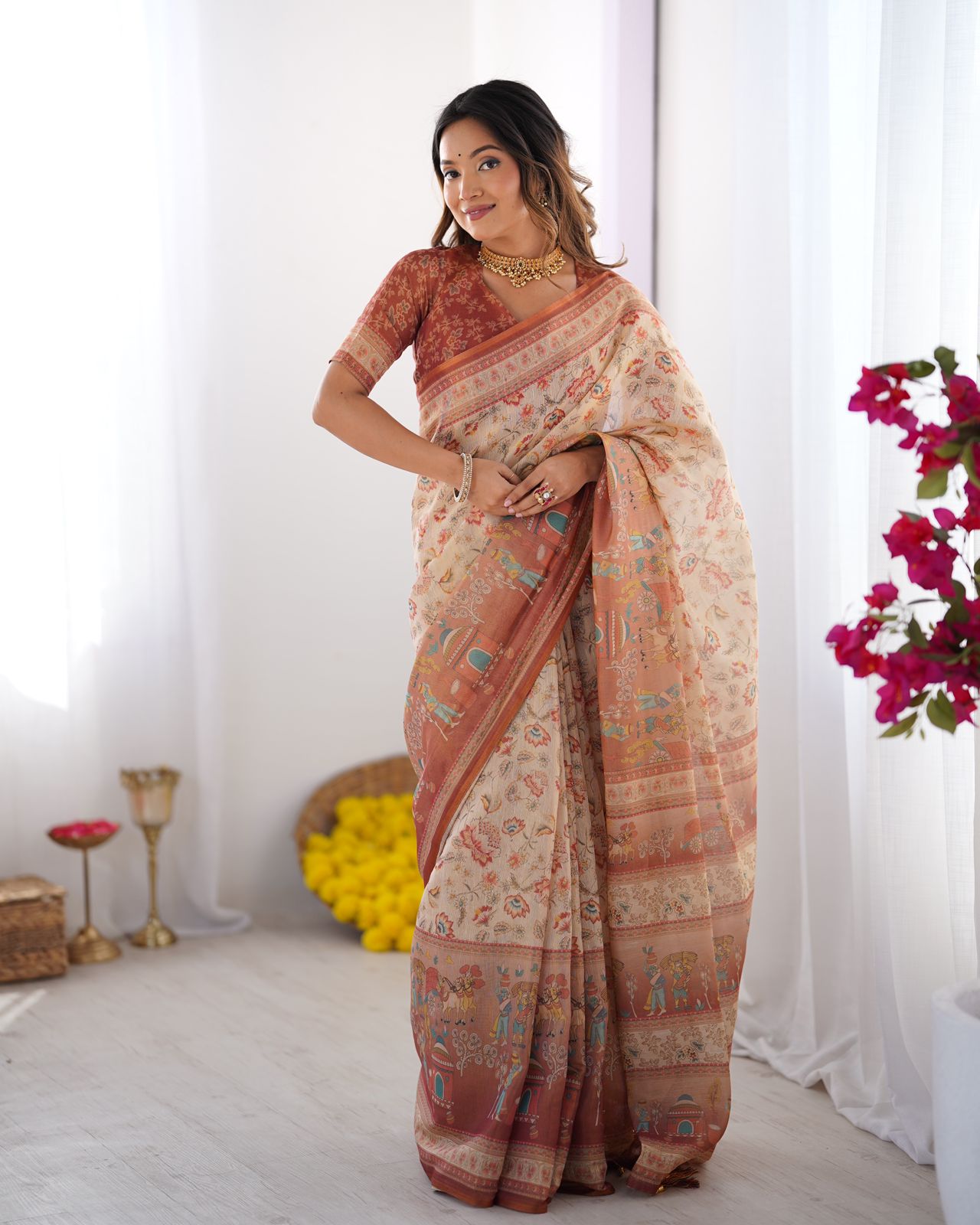 Ivory Rust Handloom Floral Saree with Storytelling Pallu