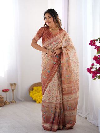 Ivory Rust Handloom Floral Saree with Storytelling Pallu
