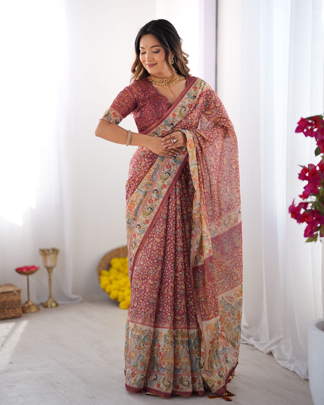 Varnavi Royal Kalamkari Maroon Handloom Saree