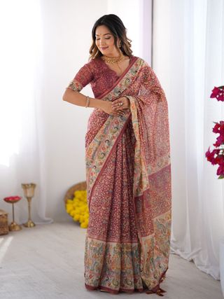 Varnavi Royal Kalamkari Maroon Handloom Saree