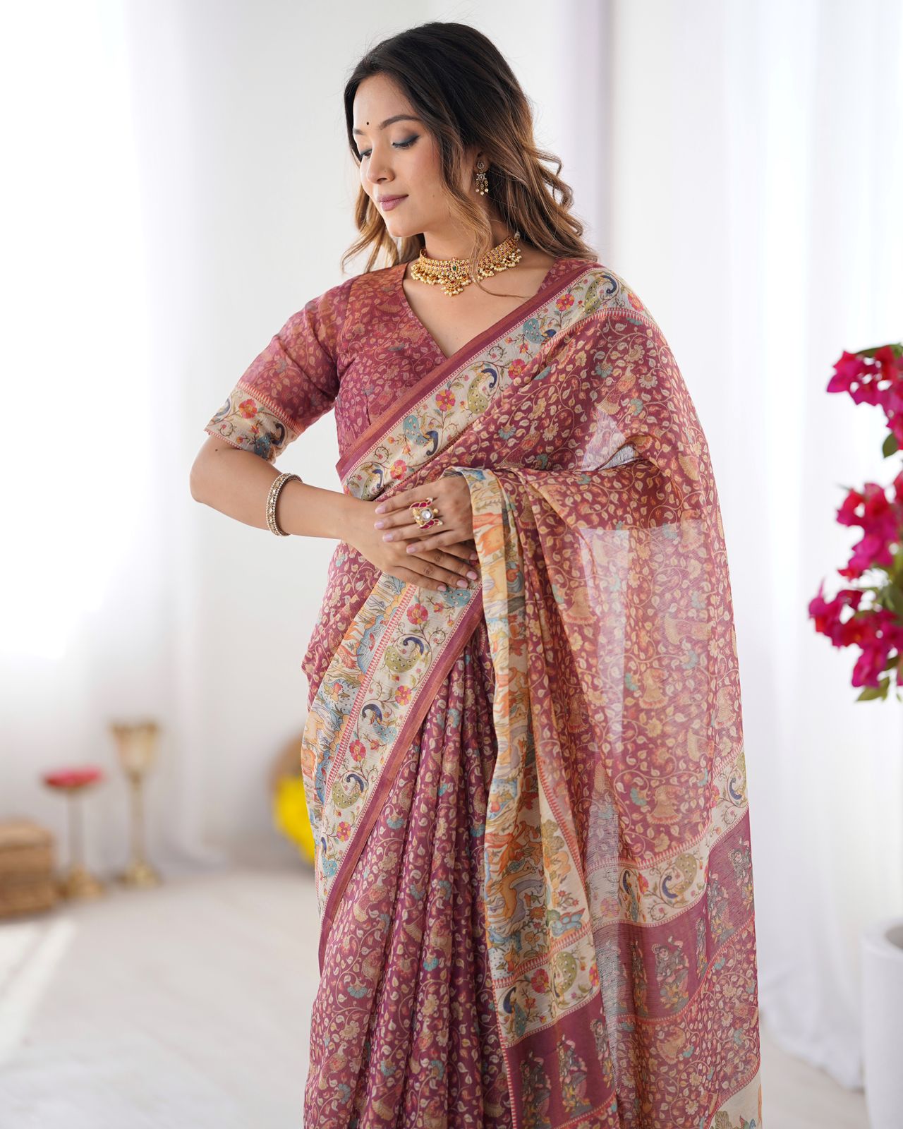 Varnavi Royal Kalamkari Maroon Handloom Saree