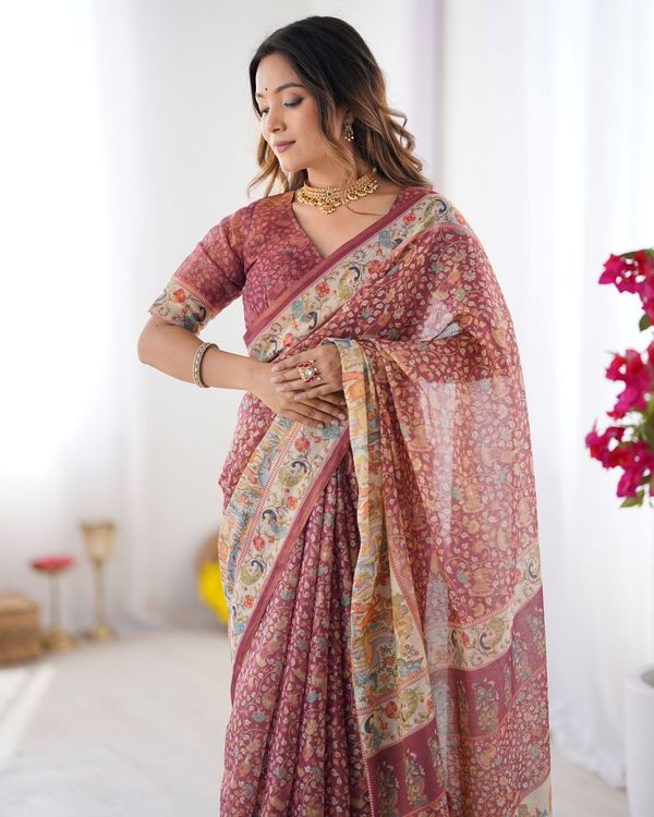 Varnavi Royal Kalamkari Maroon Handloom Saree