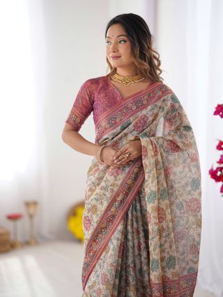 Varnavi Pastel Floral Beige Handloom Cotton Linen Saree