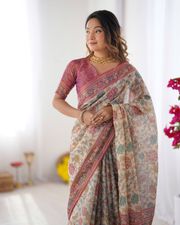 Varnavi Pastel Floral Beige Handloom Cotton Linen Saree - 