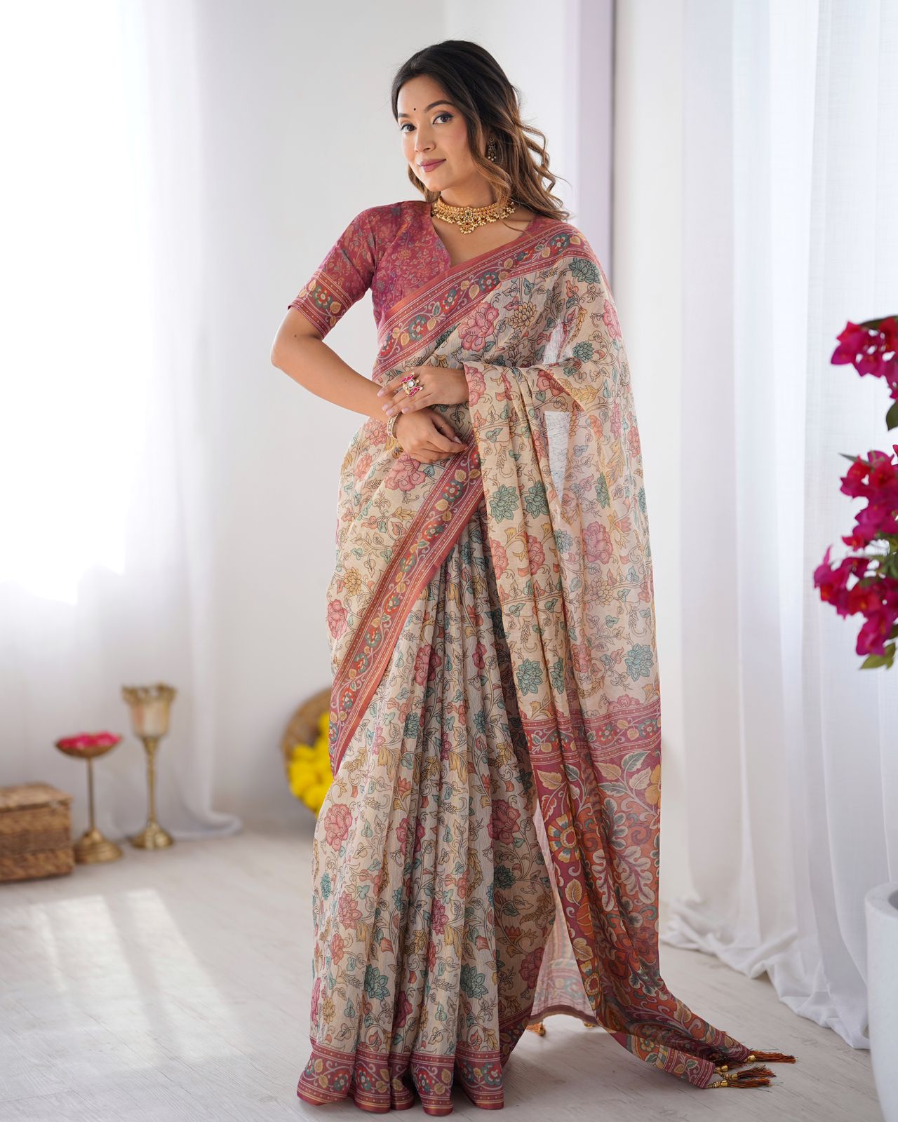 Varnavi Pastel Floral Beige Handloom Cotton Linen Saree