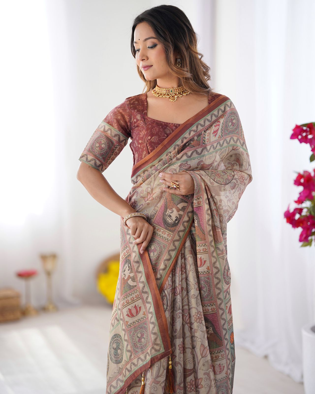 Varnavi Heritage Beige Printed Cotton Linen Saree