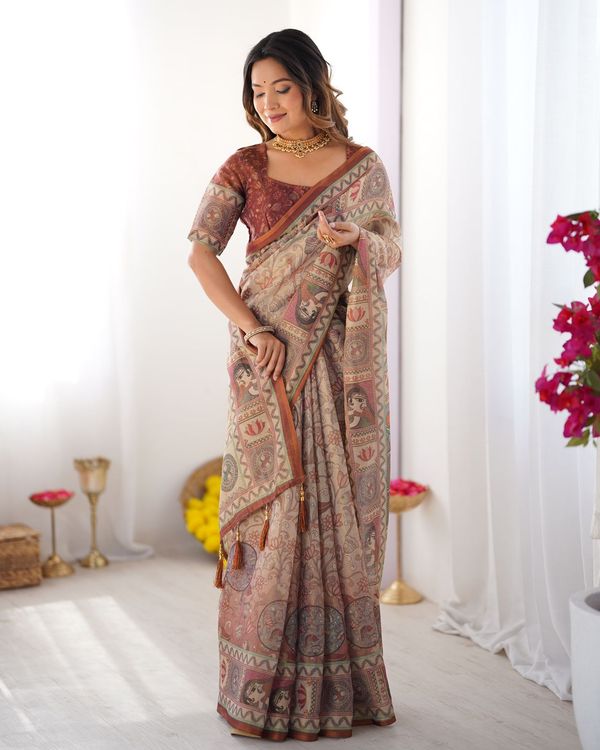 Varnavi Heritage Beige Printed Cotton Linen Saree