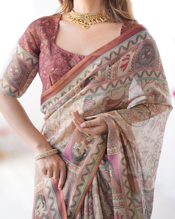 Varnavi Heritage Beige Printed Cotton Linen Saree