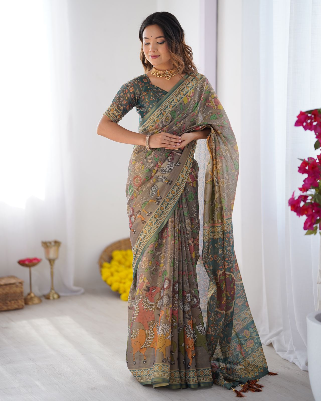 Varnavi Olive Grey Folk Art Handloom Cotton Saree