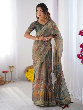 Varnavi Olive Grey Folk Art Handloom Cotton Saree