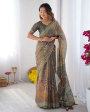 Varnavi Olive Grey Folk Art Handloom Cotton Saree - 