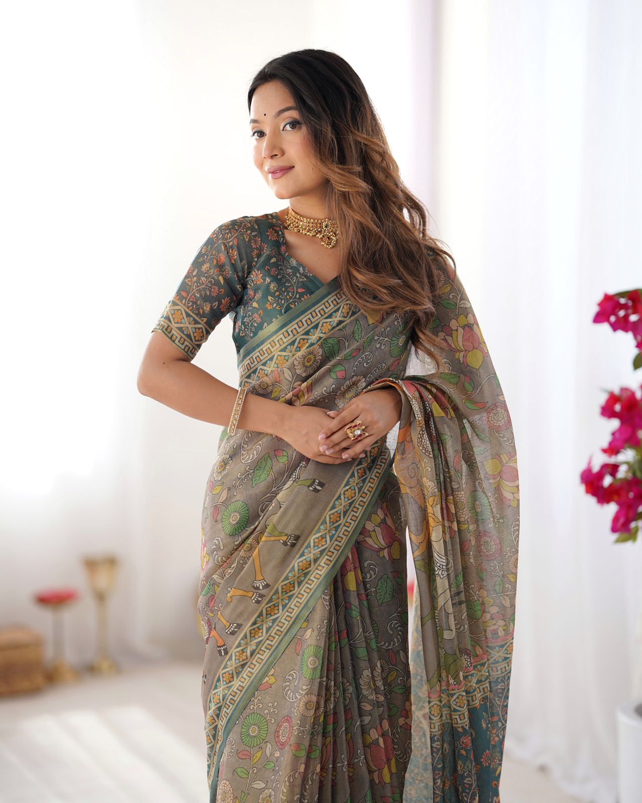 Varnavi Olive Grey Folk Art Handloom Cotton Saree