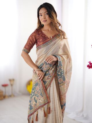 Varnavi Beige Teal Heritage Art Handloom Linen Saree