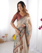 Varnavi Beige Teal Heritage Art Handloom Linen Saree - 