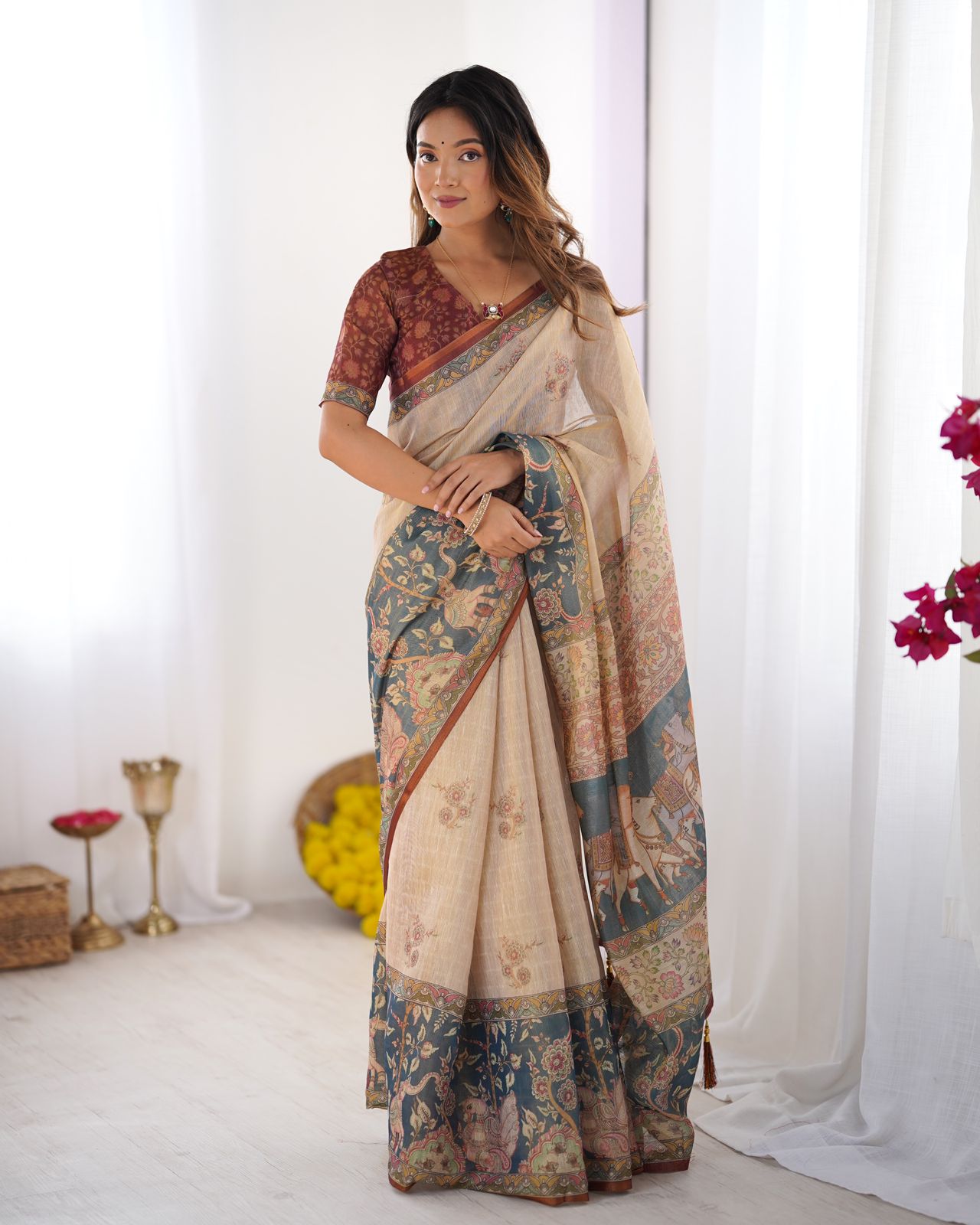 Varnavi Beige Teal Heritage Art Handloom Linen Saree