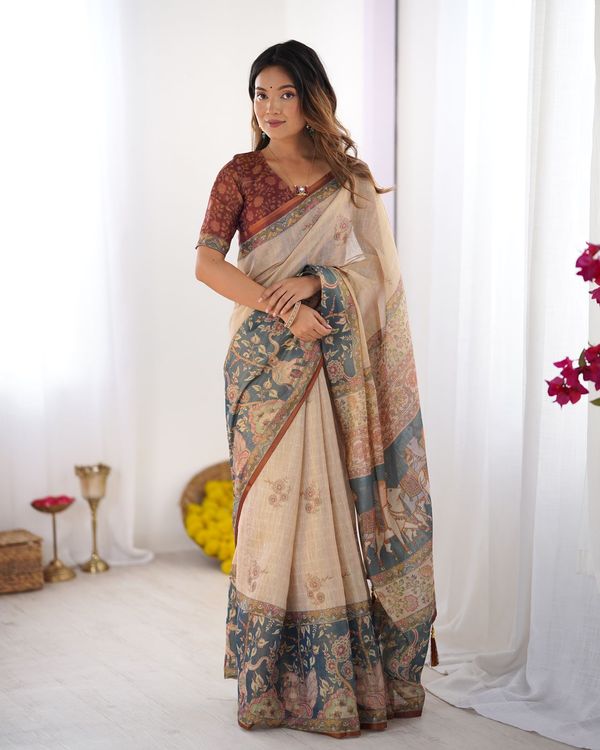 Varnavi Beige Teal Heritage Art Handloom Linen Saree