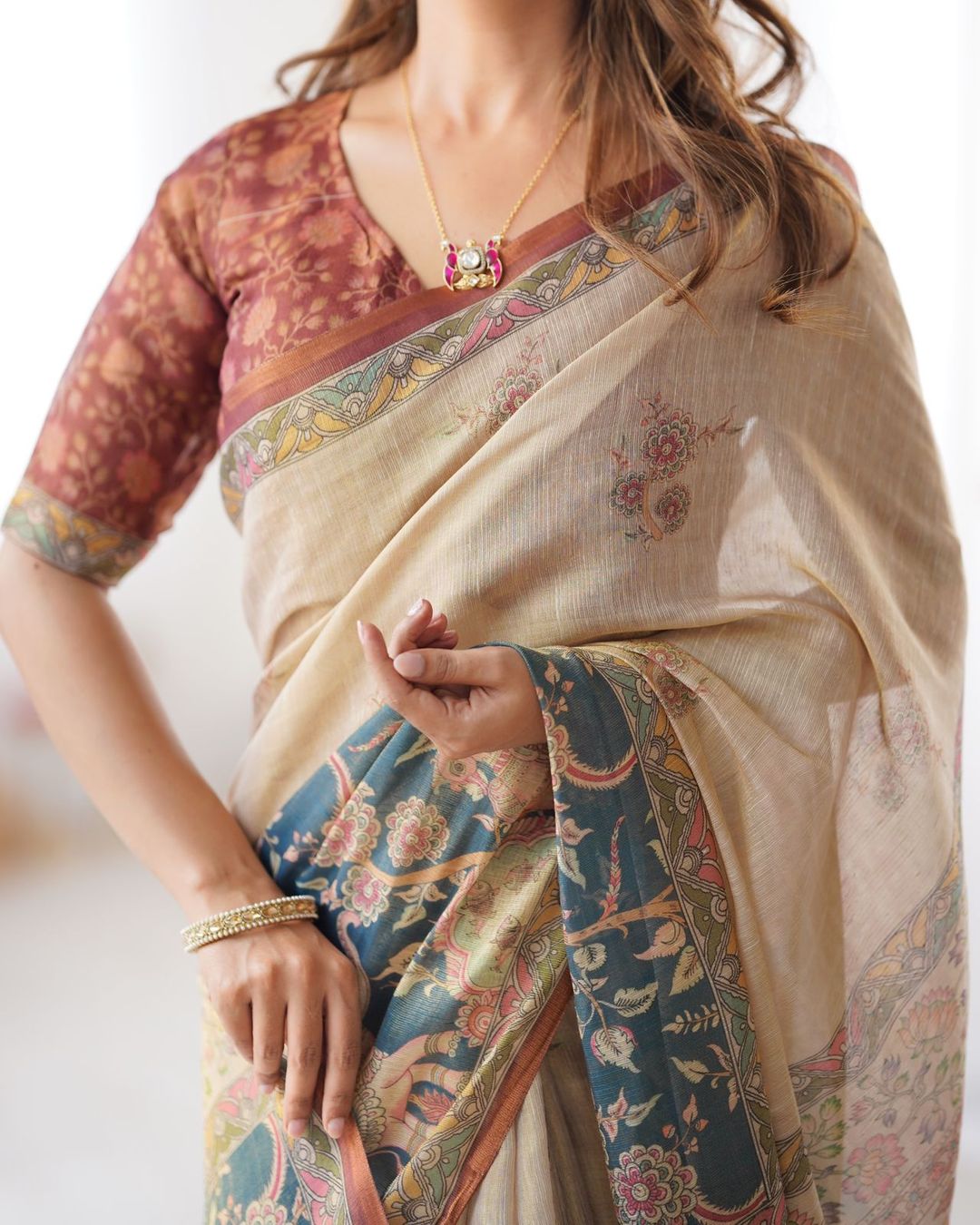 Varnavi Beige Teal Heritage Art Handloom Linen Saree