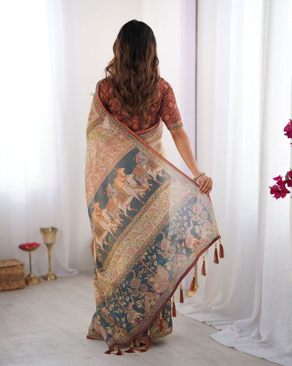 Varnavi Beige Teal Heritage Art Handloom Linen Saree