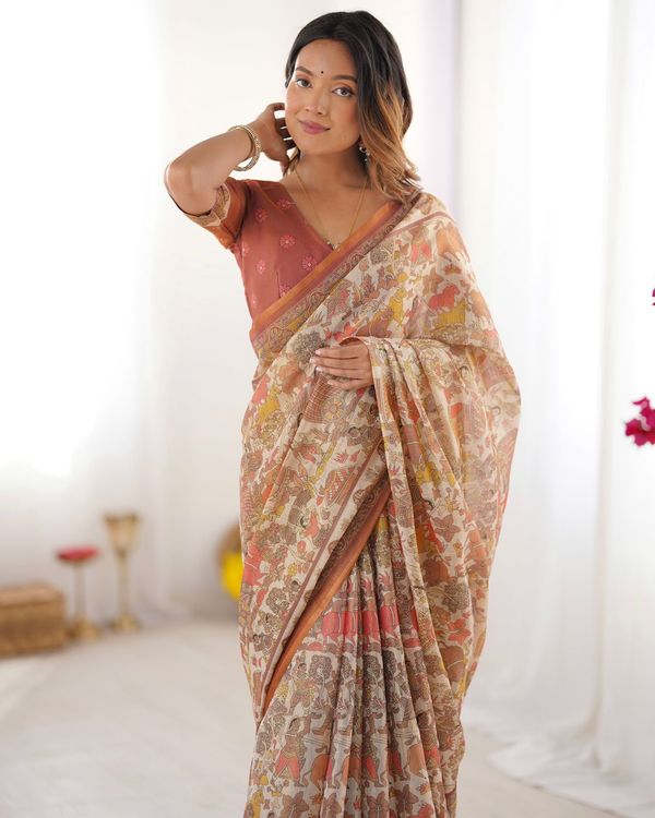 Ethnic Beige Cotton Linen Saree With Village Art Design