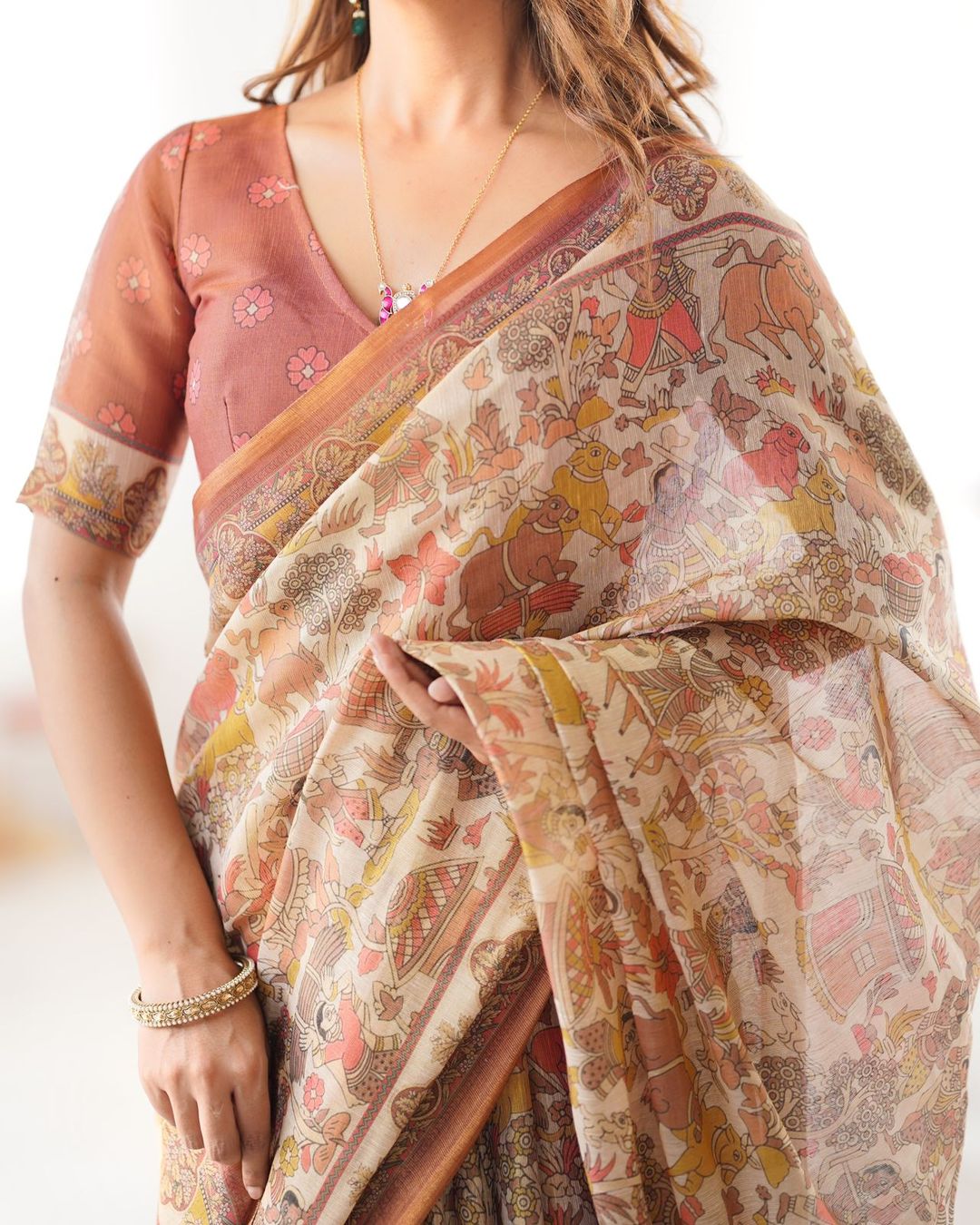 Ethnic Beige Cotton Linen Saree with Village Art Design