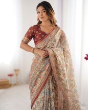 Premium Beige Cotton Handloom Saree with Maroon Ethnic Border and Heritage Printed Pallu - 