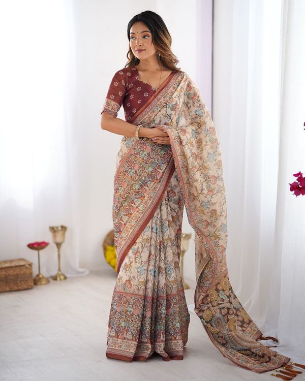 Premium Beige Cotton Handloom Saree with Maroon Ethnic Border and Heritage Printed Pallu