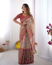 Royal Banarasi Silk Saree with Digital Floral Print - 
