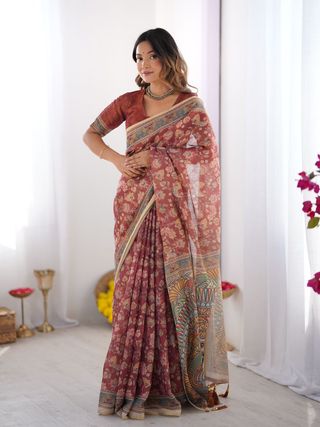 Rust Maroon Handloom Cotton Saree with Floral Print and Traditional