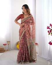 Rust Maroon Handloom Cotton Saree with Floral Print and Traditional - 