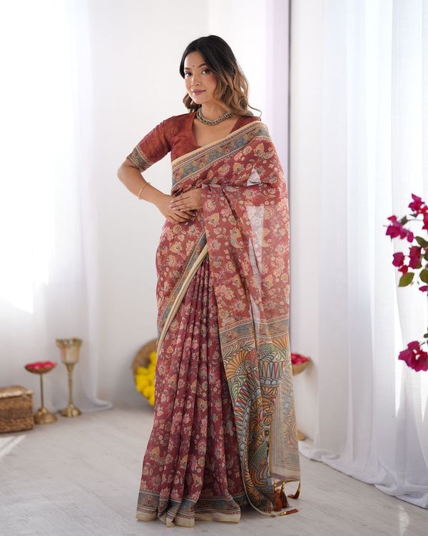 Rust Maroon Handloom Cotton Saree with Floral Print and Traditional