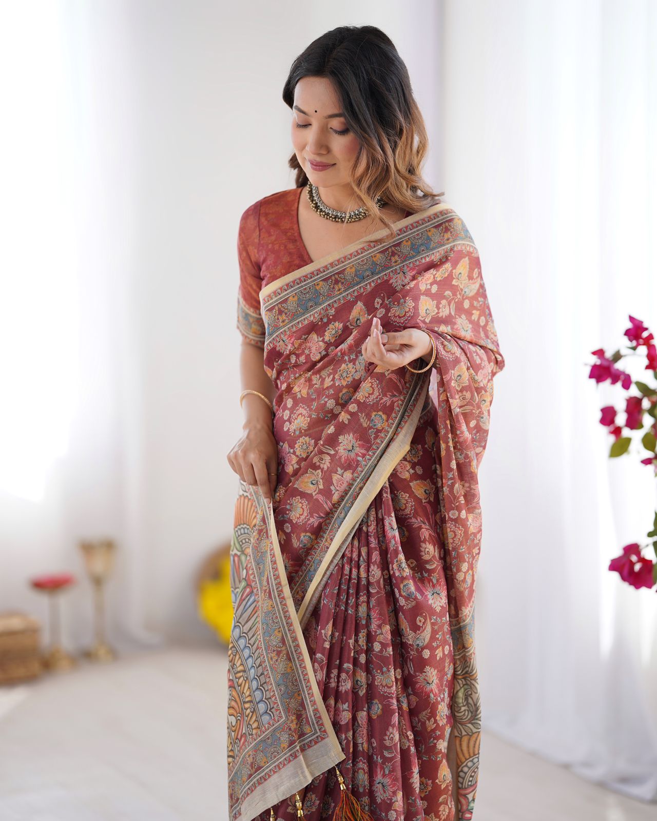 Rust Maroon Handloom Cotton Saree with Floral Print and Traditional