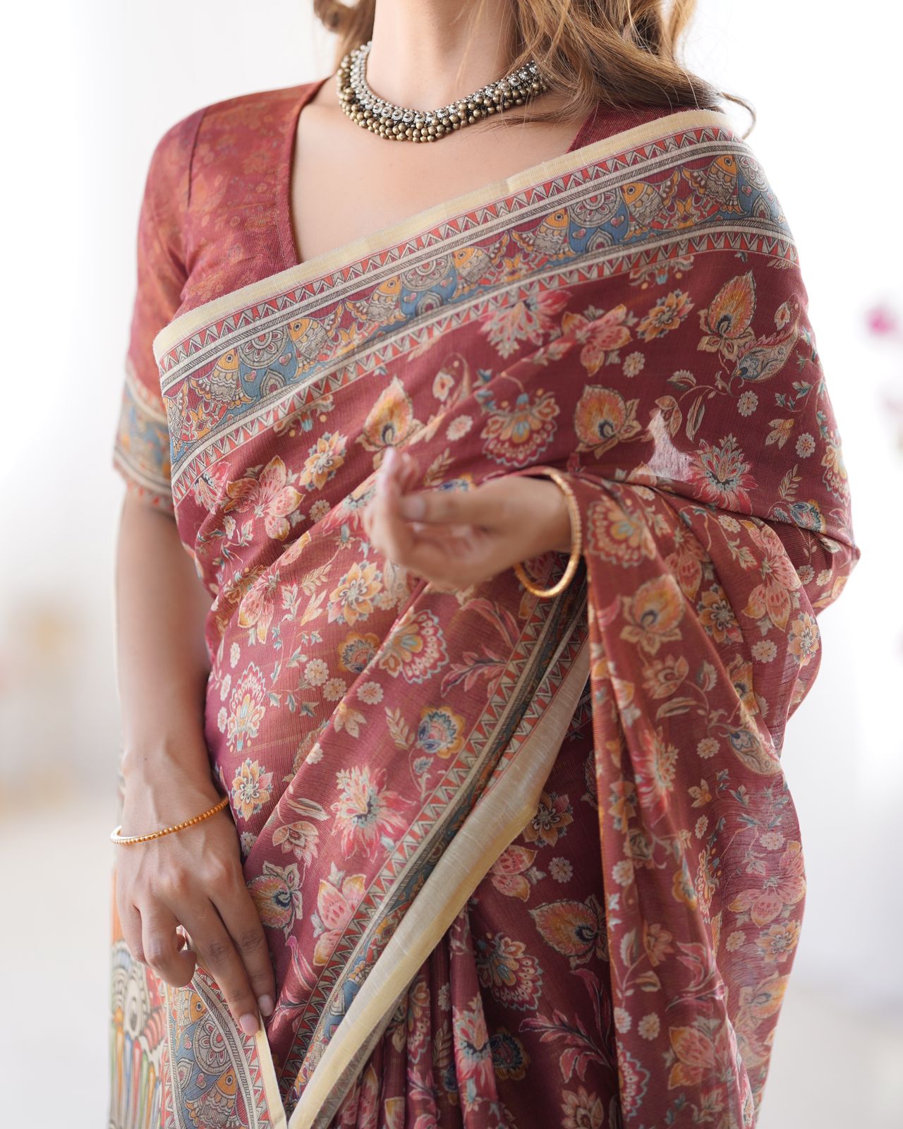 Rust Maroon Handloom Cotton Saree with Floral Print and Traditional