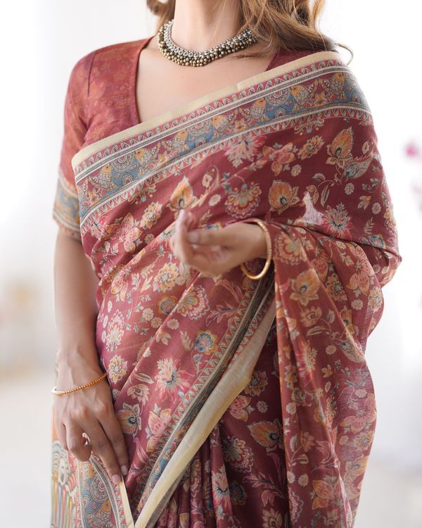 Rust Maroon Handloom Cotton Saree with Floral Print and Traditional