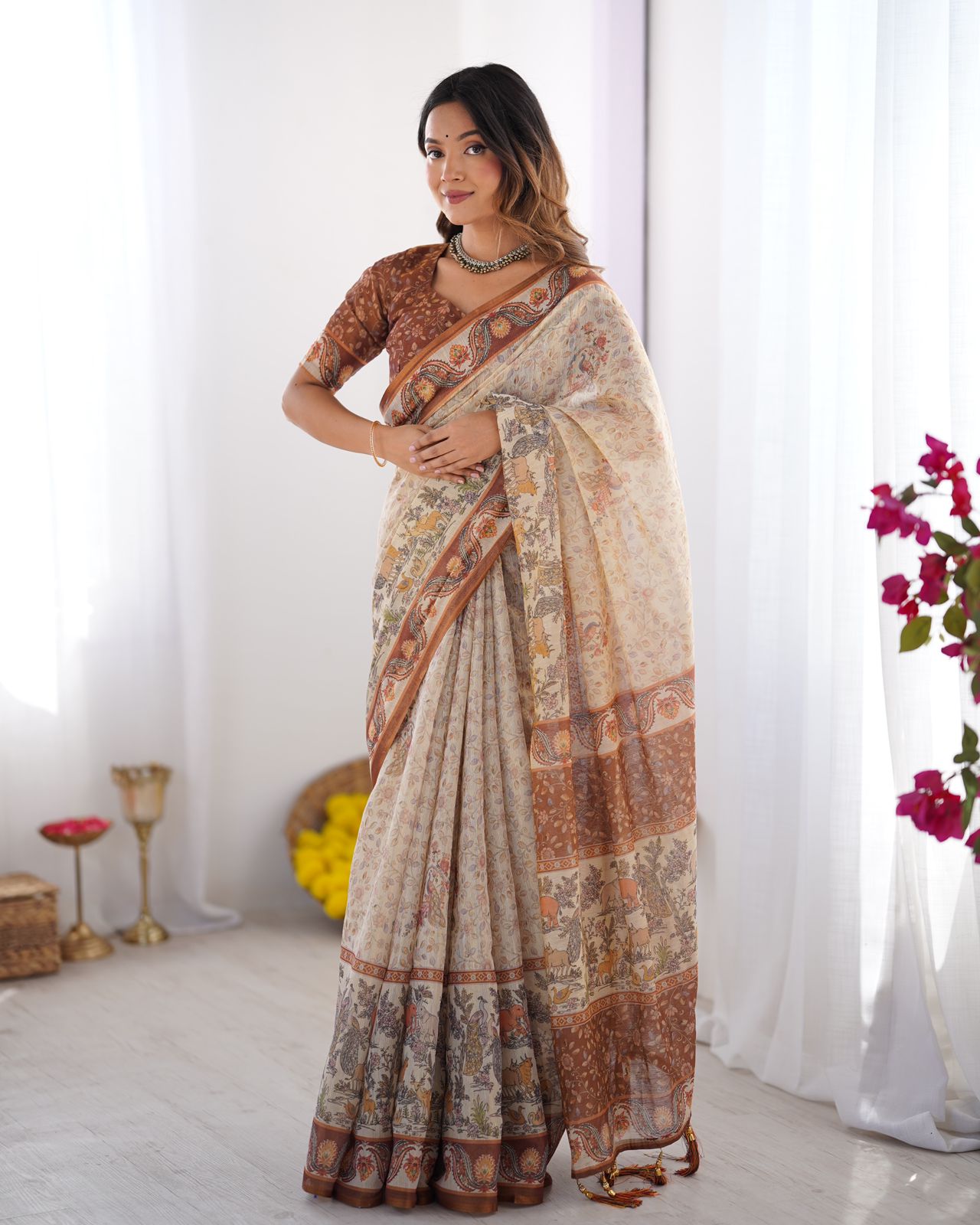 Classic Beige & Coffee Brown Printed Cotton Saree