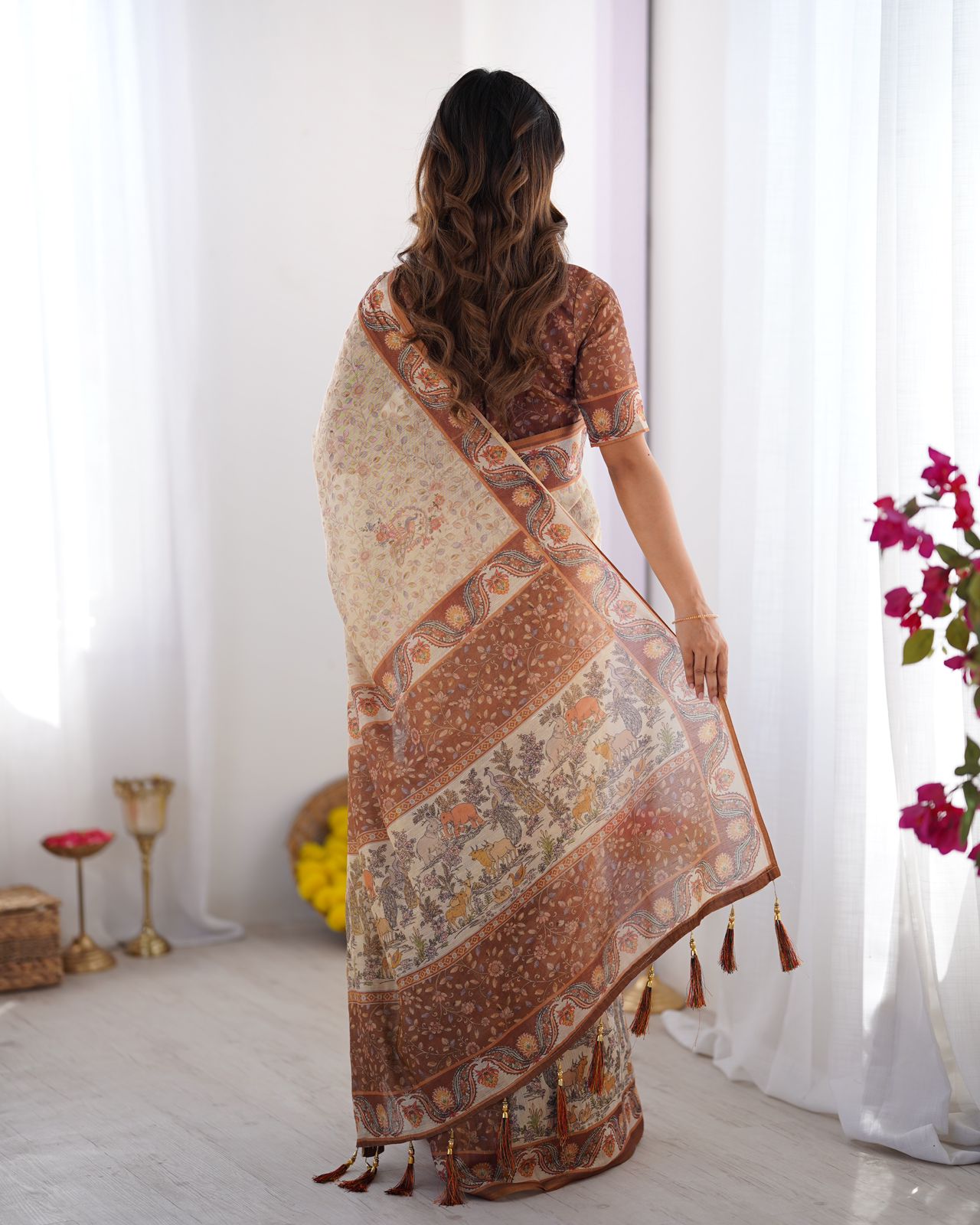 Classic Beige & Coffee Brown Printed Cotton Saree