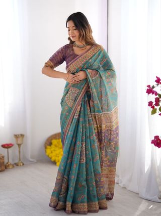 Teal Blue Handloom Cotton Saree with Purple Border & Heritage Pallu