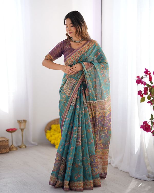 Teal Blue Handloom Cotton Saree with Purple Border & Heritage Pallu