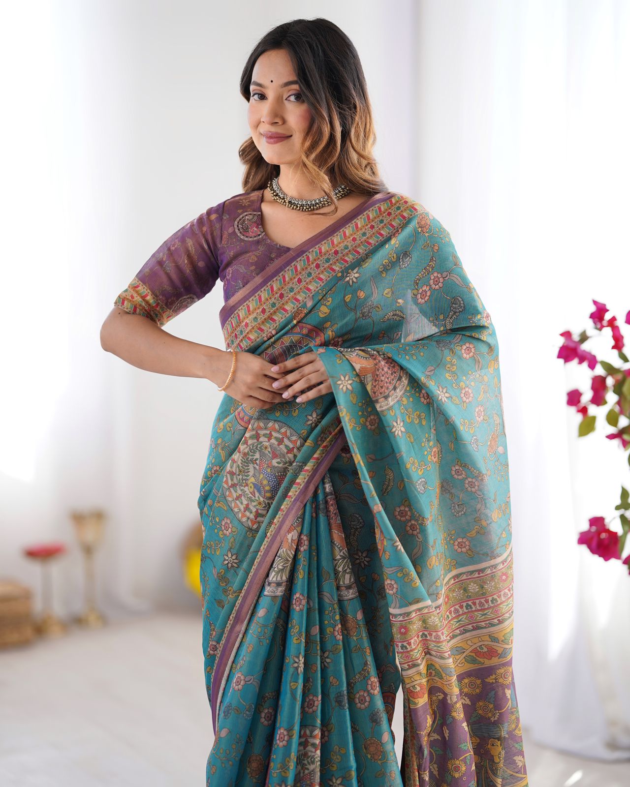Teal Blue Handloom Cotton Saree with Purple Border & Heritage Pallu